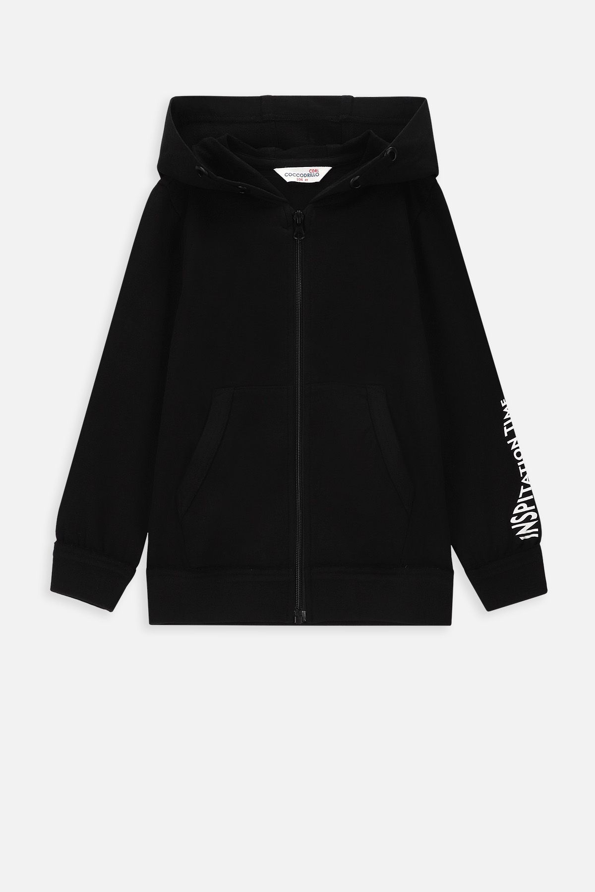 Zipped sweatshirt brown with hood, print and inscriptions