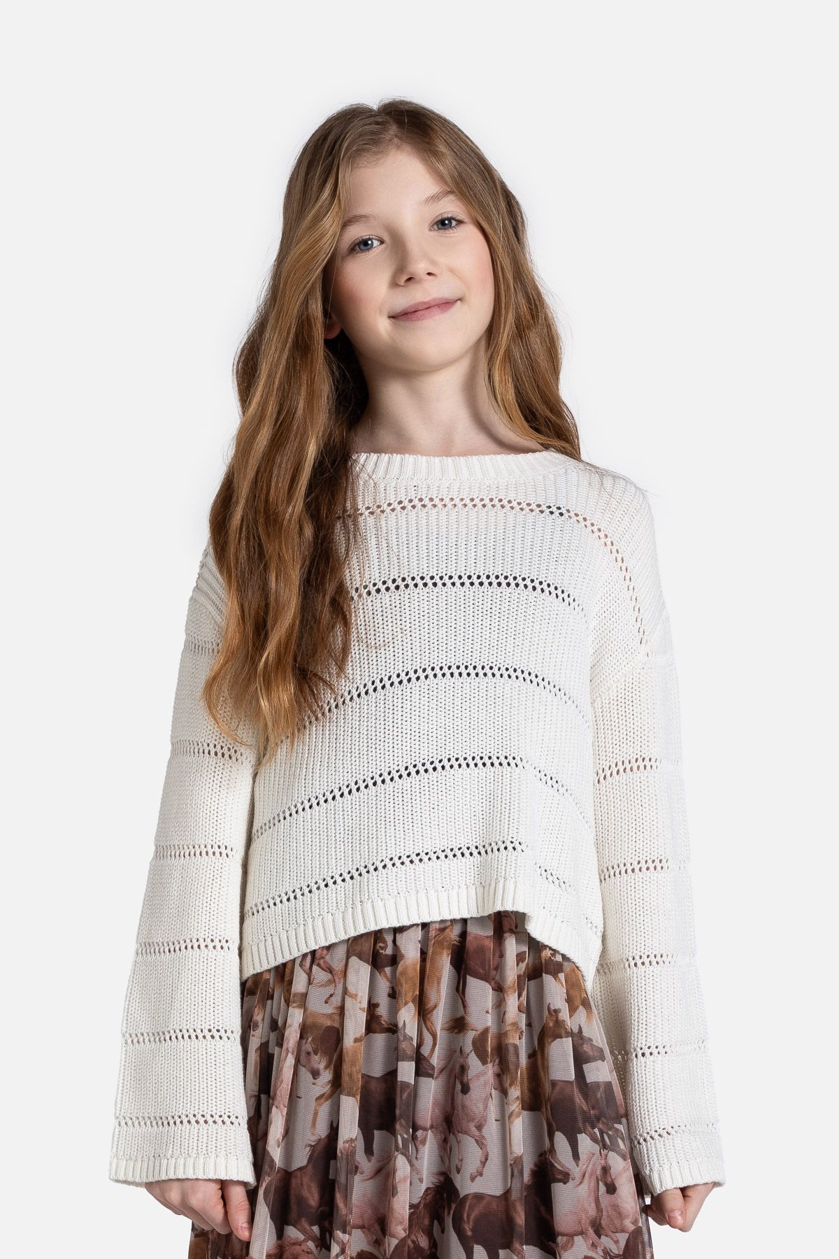 Fabric Skirt Beige Midi Dress with Horse Motif - Coccodrillo
