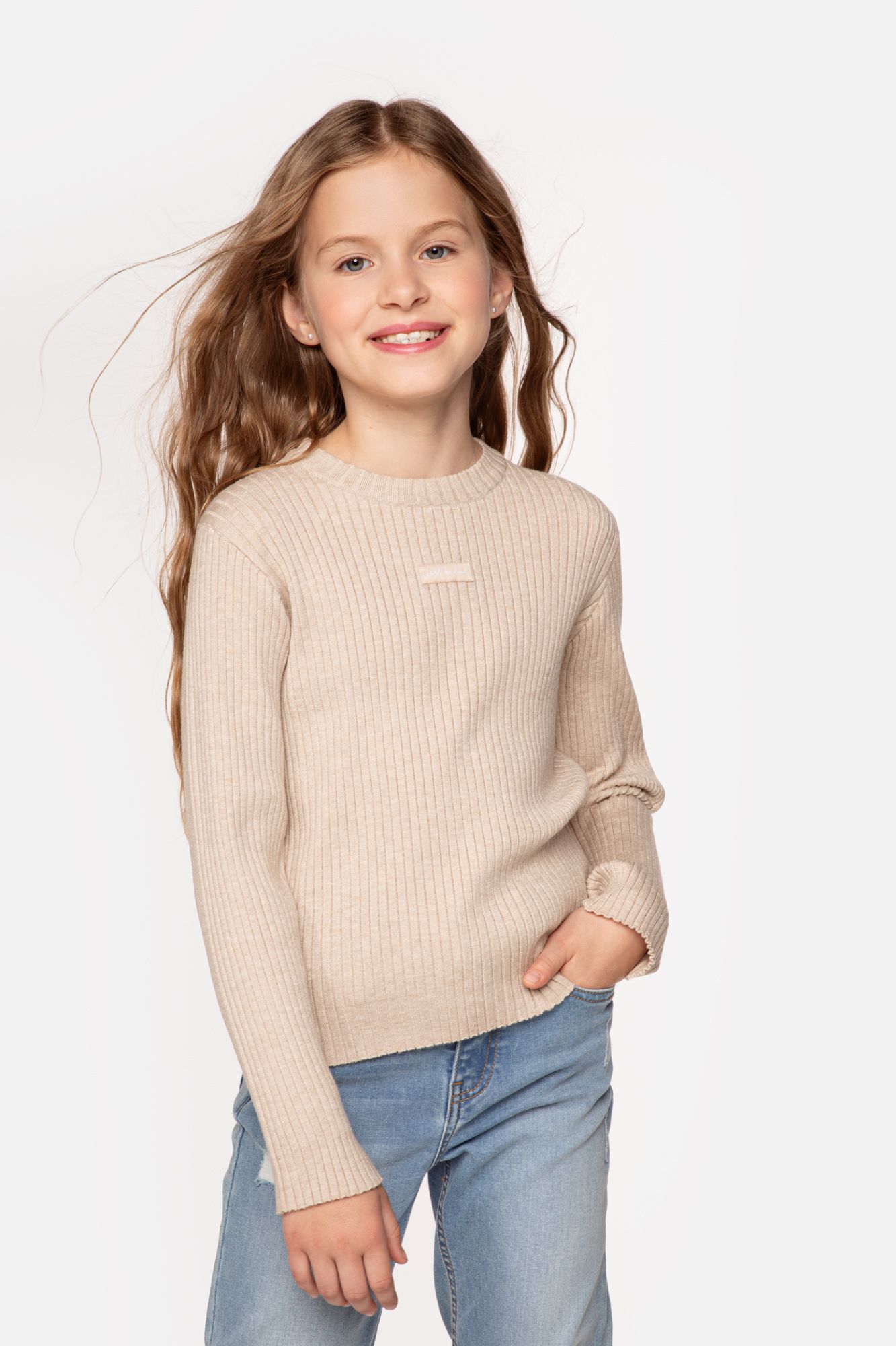 Knitted sweater multicolored with wide stripes and a patch
