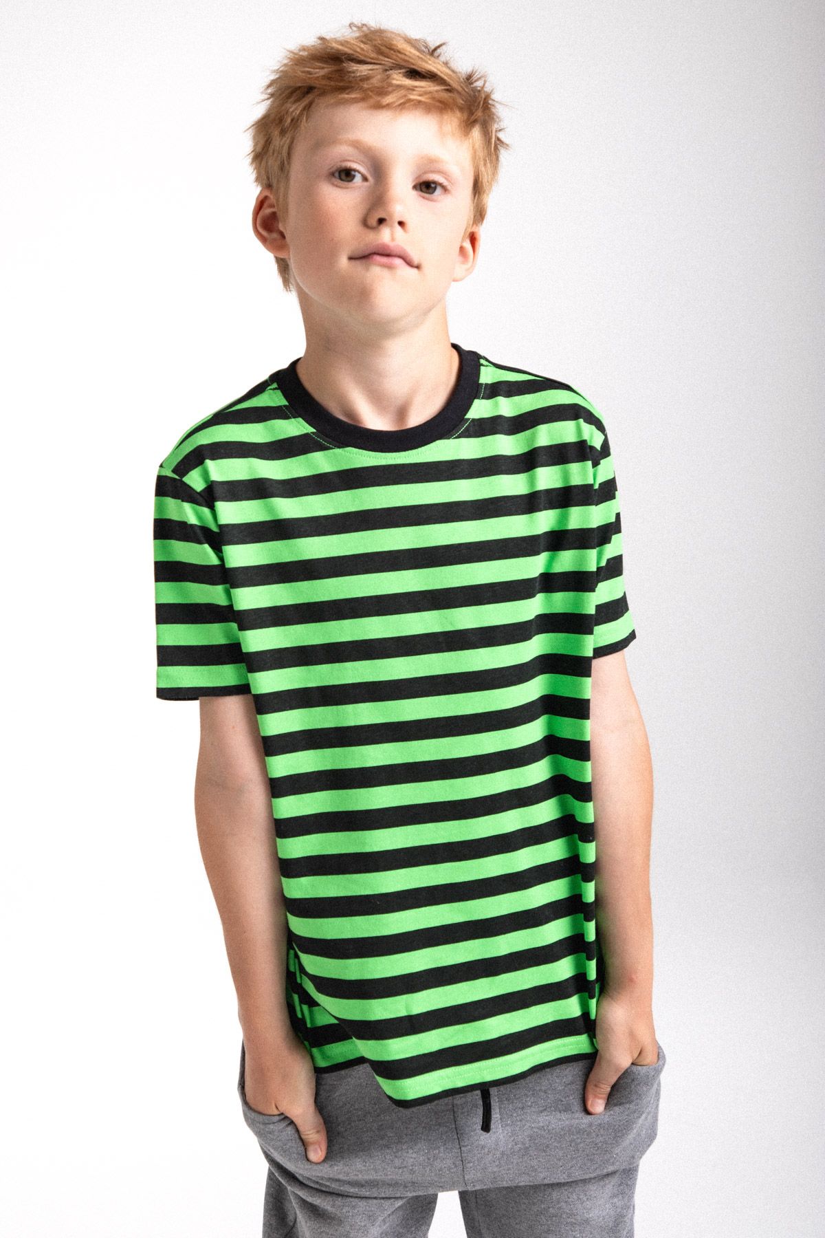 Cotton T-shirt with Short Sleeves Green with Black Stripes