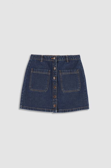 Jeans skirt navy blue, fastened at the front with pockets 2
