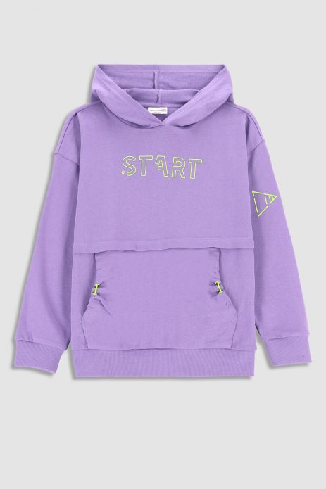 Sweatshirt purple with hood and an inscription 2
