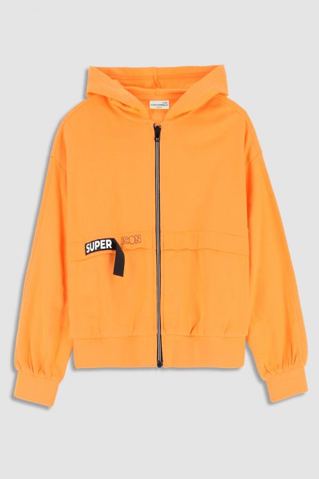 Zipped sweatshirt orange with hood and pockets 2