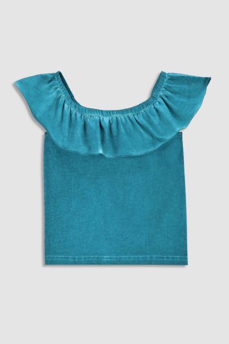 Sleeveless T-shirt green with neckline and frill type Spanish