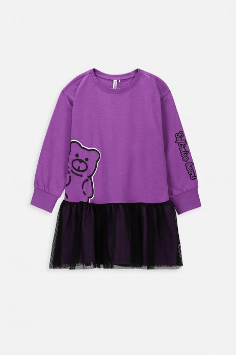 Knitted dress purple with a frill and a teddy bear print
