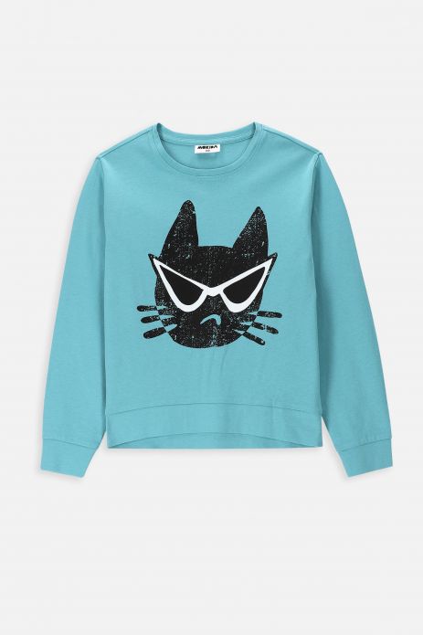Long-sleeved T-shirt mint with black cat in glasses