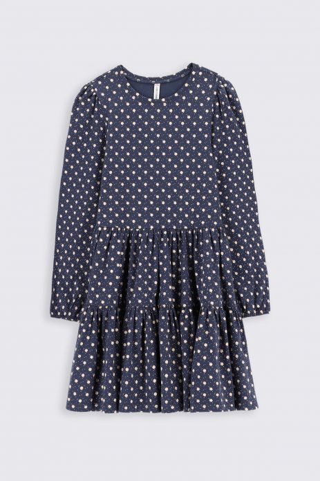Knitted dress navy blue flared with polka dot print