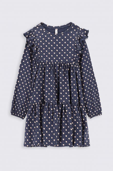 Knitted dress navy blue flared with polka dot print