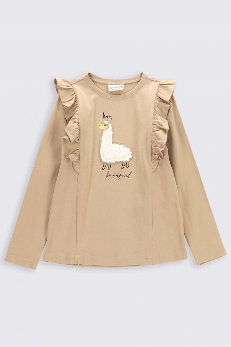 T-shirt with long sleeves beige with print and frills