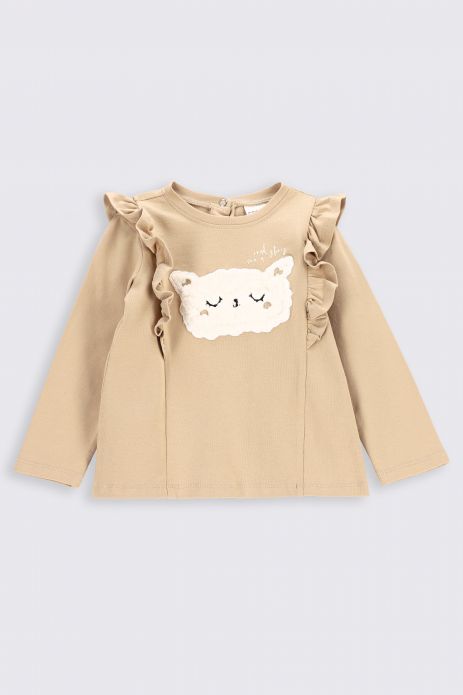 T-shirt with long sleeves beige with a print and frills