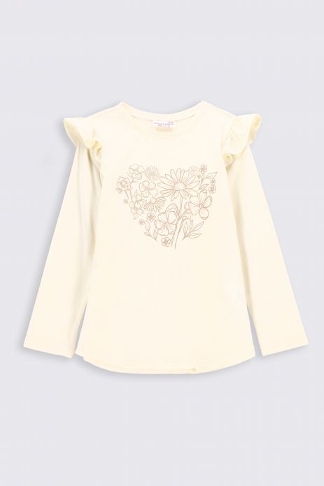 T-shirt with long sleeves ecru with print and frills