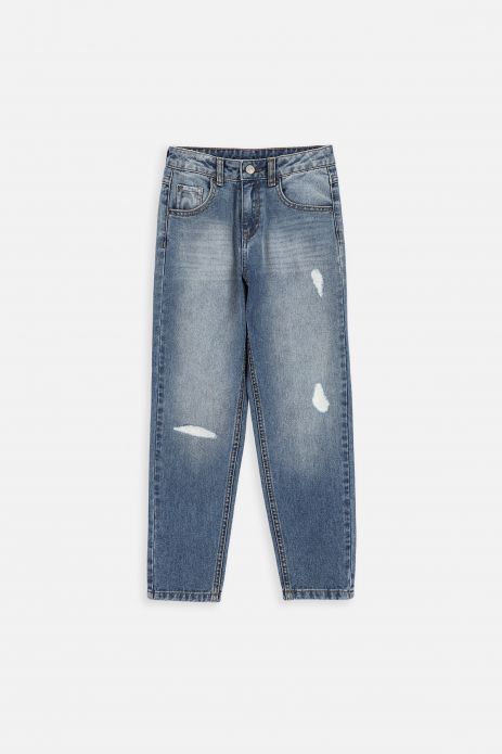 Jeans trousers blue with abrasion, MOM FIT