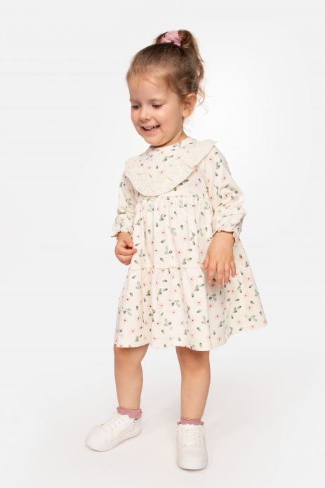 Knitted dress ecru flared with flower print and frill