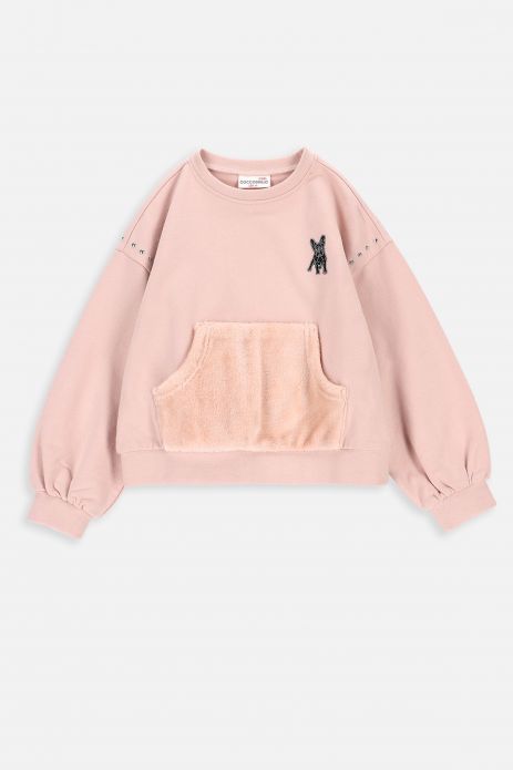Sweatshirt powder pink with print and kangaroo pocket