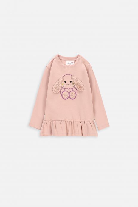 T-shirt with long sleeves powder pink with bunny print and frill at the bottom