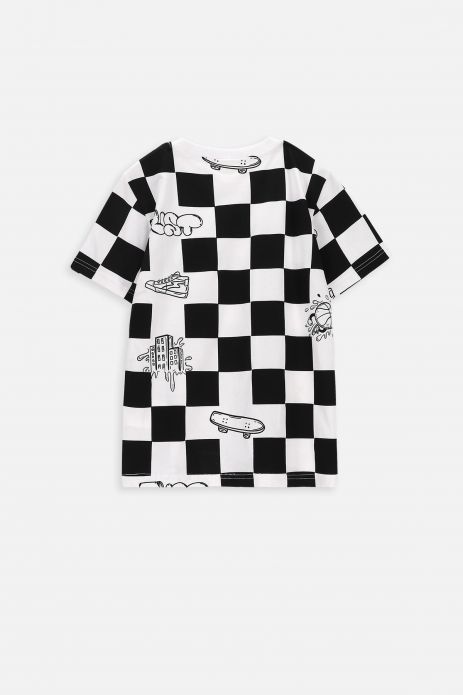 T-shirt with short sleeves black checkered with prints 2
