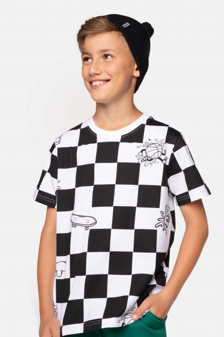 T-shirt with short sleeves black checkered with prints
