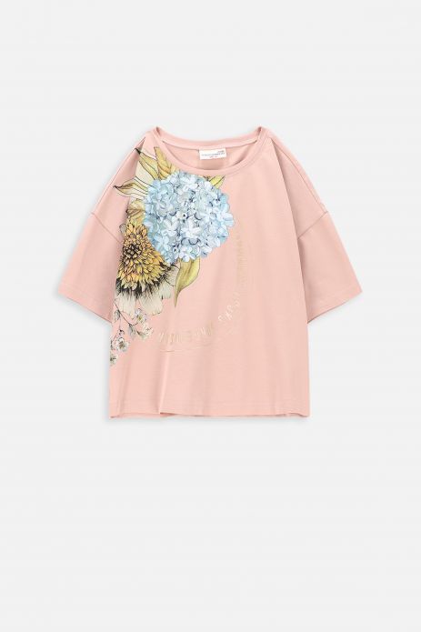 T-shirt with short sleeves powder pink with flower print