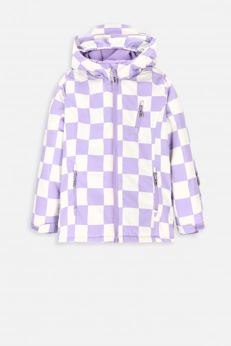 Winter jacket purple checkered with a hood and reflective elements