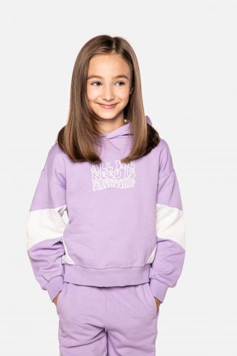 Girls' unzipped sweatshirt tracksuit with hood and inscriptions