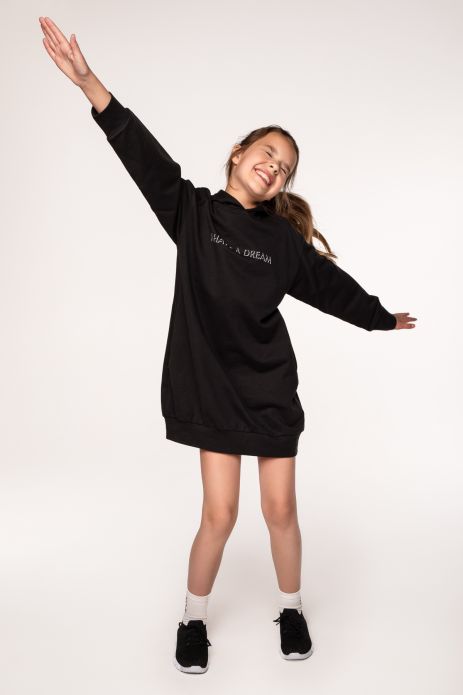 Knitted dress with long sleeves black tracksuit with hood and an inscription