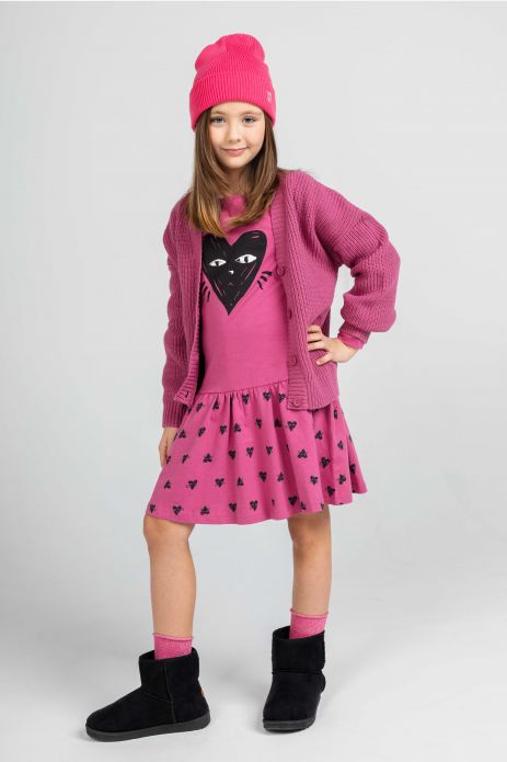 Knitted dress with long sleeves pink flared in hearts with a cat