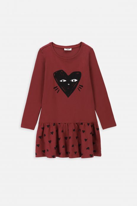 Knitted dress with long sleeves burgundy flared in hearts with a kitten 2