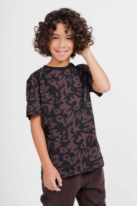 T-shirt with short sleeves brown with an abstract print all over