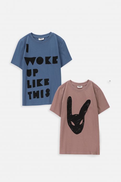 T-shirt with short sleeves 2 pack beige with rabbit and blue with an inscription 2