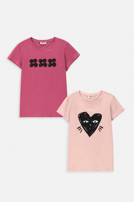 T-shirt with short sleeves 2 pack pink with heart-cat and flowers