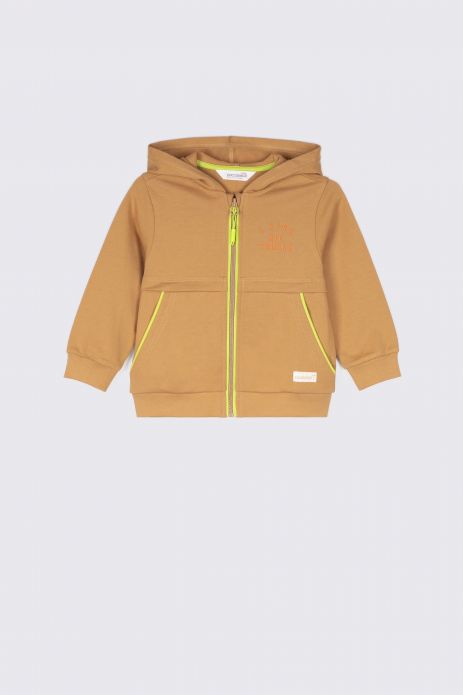 Zipped sweatshirt brown with a hood and bright trim 