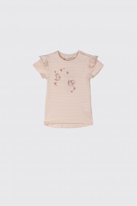 T-shirt with short sleeves ecru with pink stripes with a print 