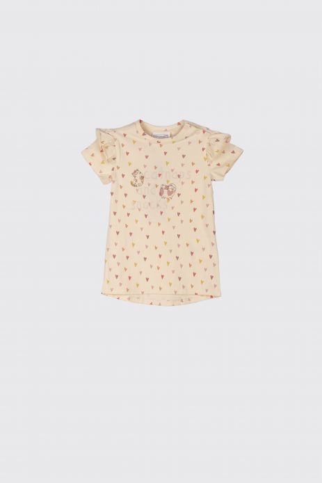 T-shirt with short sleeves beige with frills and a print 