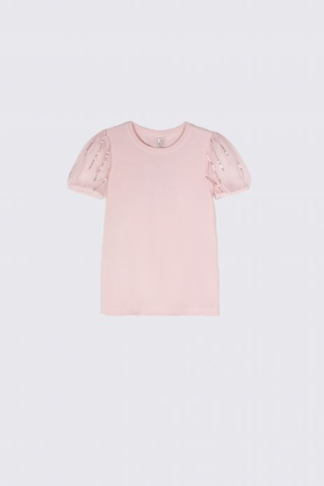 T-shirt with short sleeves pink with puff sleeves and sequins 