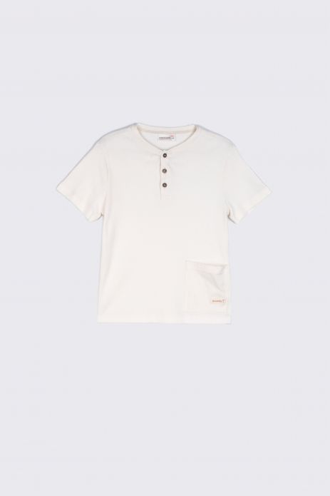 T-shirt with short sleeves beige with stripes with pocket and button closure 