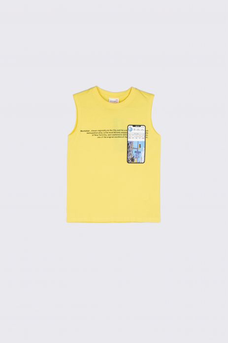 Sleeveless T-shirt yellow with print