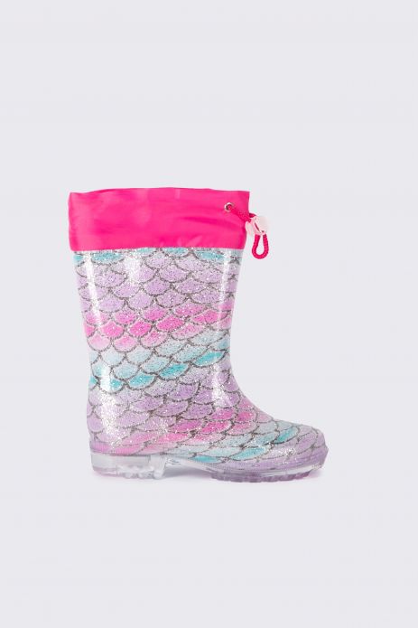 Rain boots with drawstring glitter with textured and glowing sole