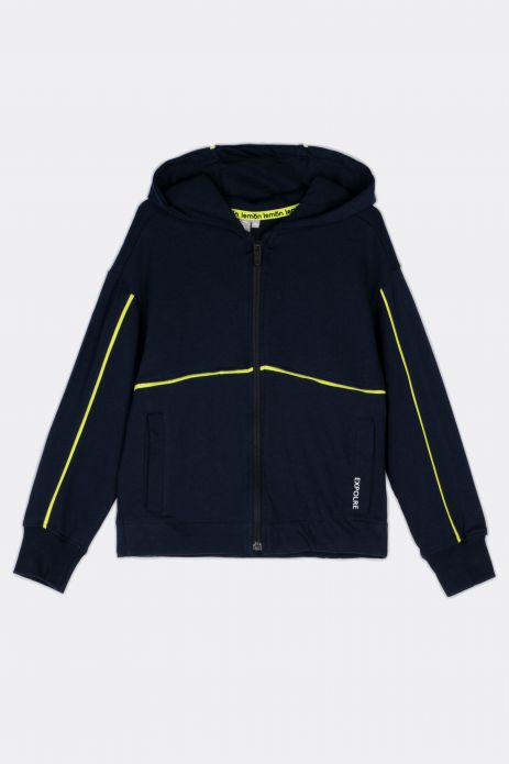 Youth zipped sweatshirt with a hood and a lowered shoulder 