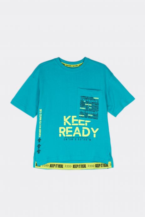 Boys' T-shirt with short sleeves with graphics and lowered arm