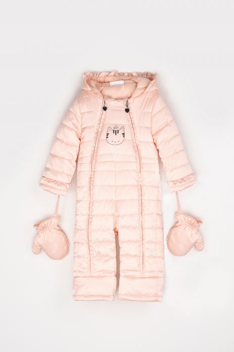Winter overalls pink with decorative frills on the hood